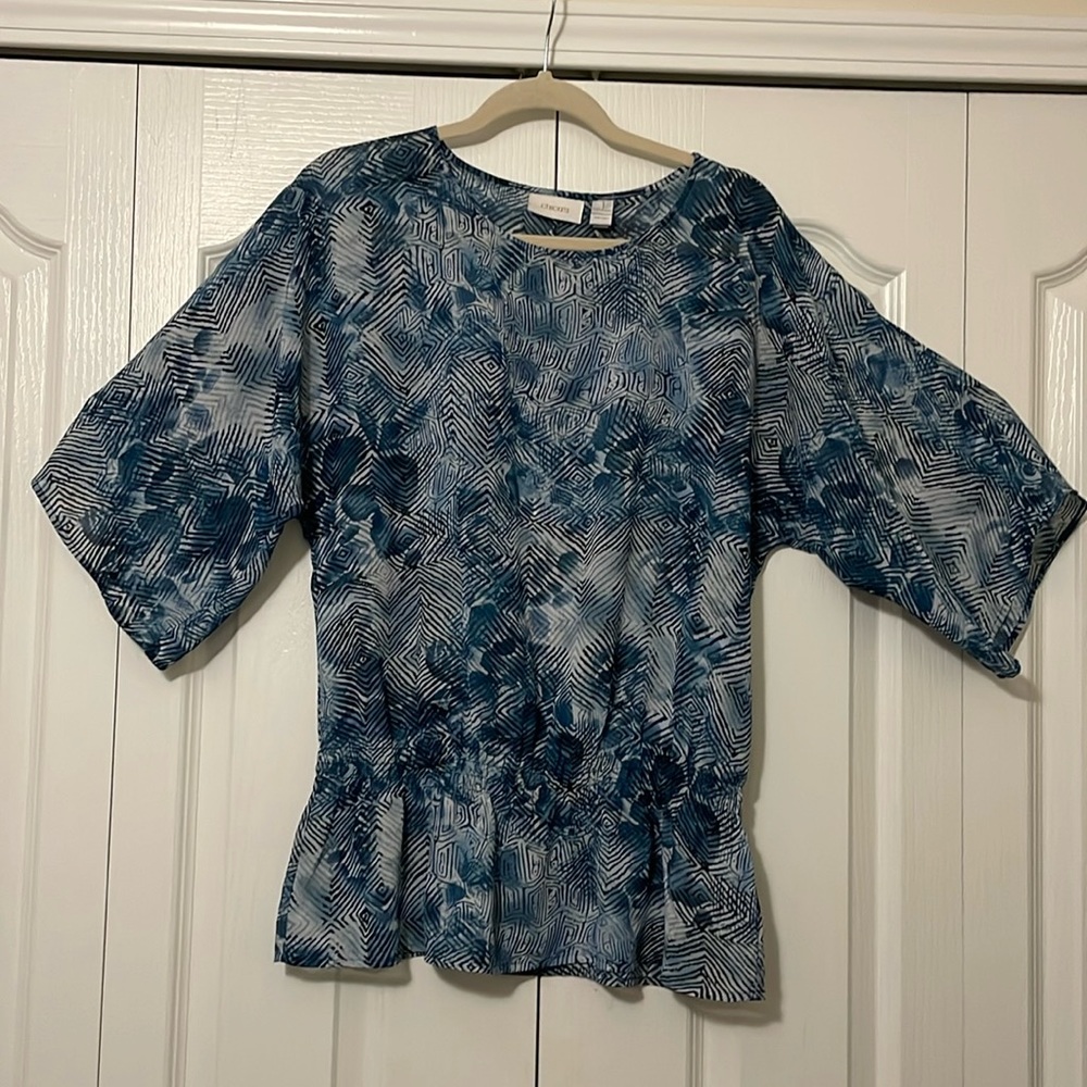 Ladies Blue Chico’s Size 1 Sheer Top with Elastic and Peplum Waist, 3/4 Sleeves